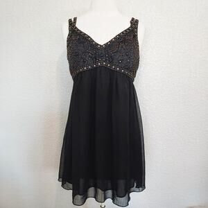 Black Heavy Beaded Sheer Body Tunic Cocktail Baby Doll Tank Blouse Size L